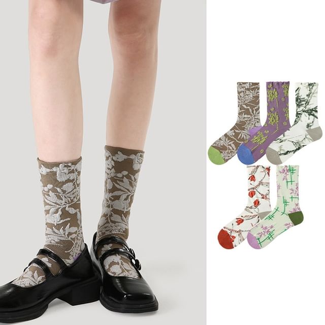 Set of 5 Pairs: Floral Jacquard Socks SpreePicky