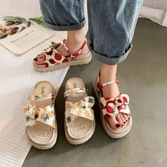 Platform Fruit Print Bow Slide Sandals SpreePicky