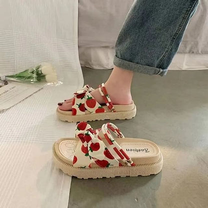 Platform Fruit Print Bow Slide Sandals SpreePicky