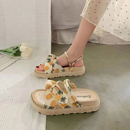 Platform Fruit Print Bow Slide Sandals SpreePicky