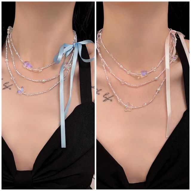 Layered Butterfly Bead Necklace Ribbon FashionChic