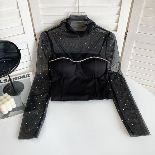 Long-Sleeve Mock Neck Rhinestone Mesh Panel Top mySite