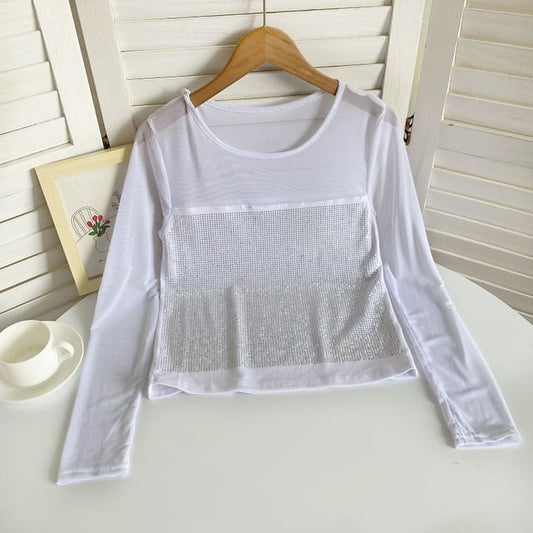 Long-Sleeve Scoop Neck Rhinestone Mesh Top mySite