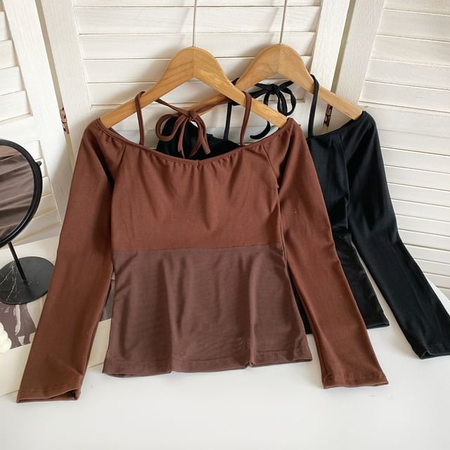 Long-Sleeve Halter Off-Shoulder Mesh Panel T-Shirt mySite