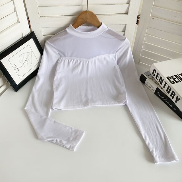 Long-Sleeve Crew Neck Plain Mesh Panel Crop T-Shirt mySite