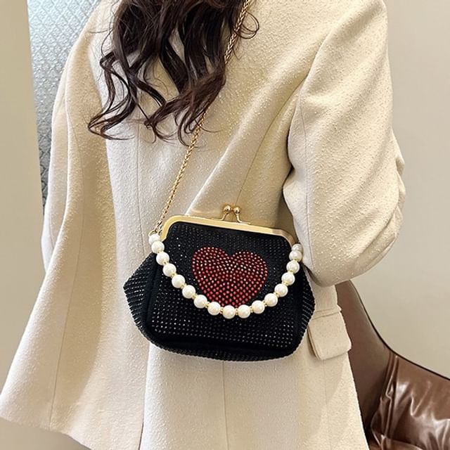 Heart Patterned Rhinestone Kiss Lock Faux Pearl Handle Evening Bag SpreePicky