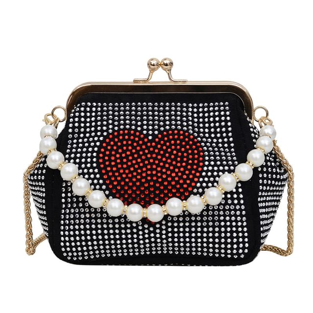 Heart Patterned Rhinestone Kiss Lock Faux Pearl Handle Evening Bag SpreePicky