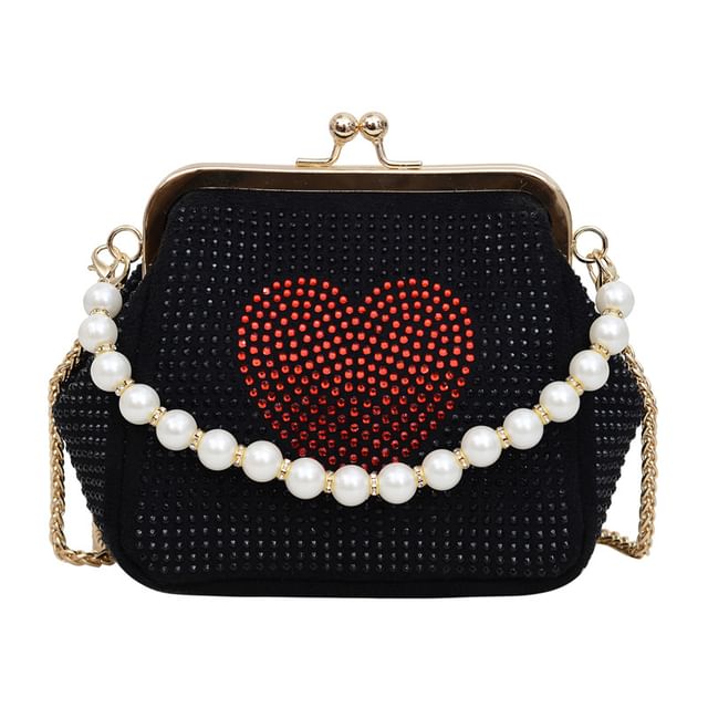 Heart Patterned Rhinestone Kiss Lock Faux Pearl Handle Evening Bag SpreePicky