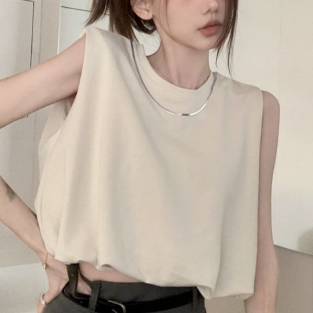 Crew Neck Plain Crop Tank Top SpreePicky