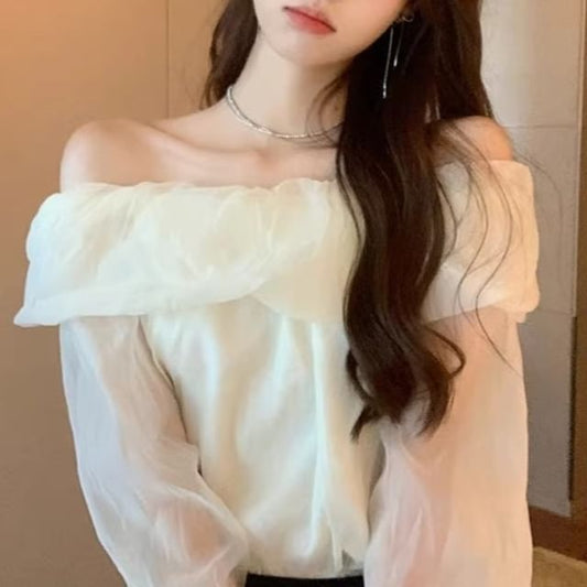 Long-Sleeve Off-Shoulder Plain Blouse SpreePicky