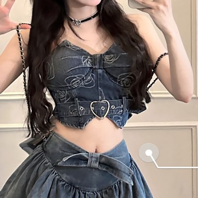 Print Belted Denim Crop Tube Top / High Waist Mini A SpreePicky