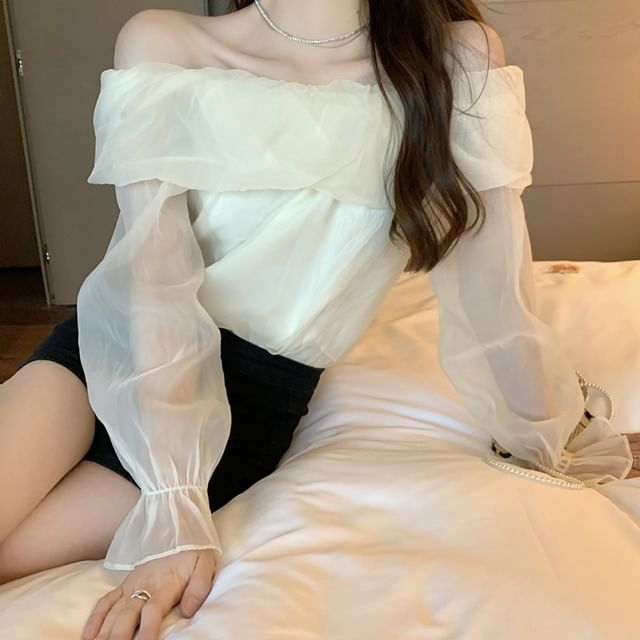 Long-Sleeve Off-Shoulder Plain Blouse SpreePicky