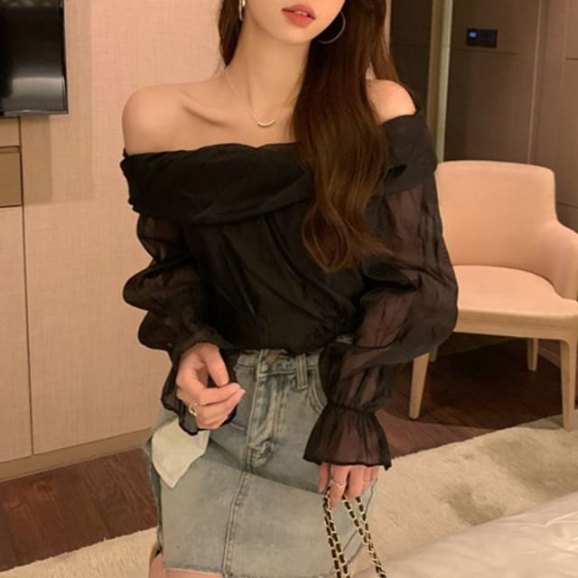 Long-Sleeve Off-Shoulder Plain Blouse SpreePicky