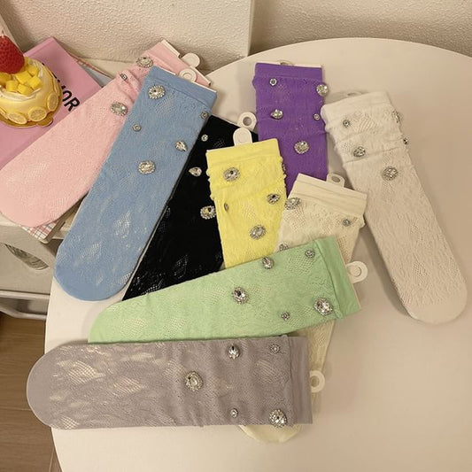 Plain Rhinestone Lace Short Socks SpreePicky