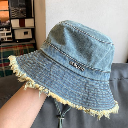 Lettering Fringed Denim Bucket Hat SpreePicky