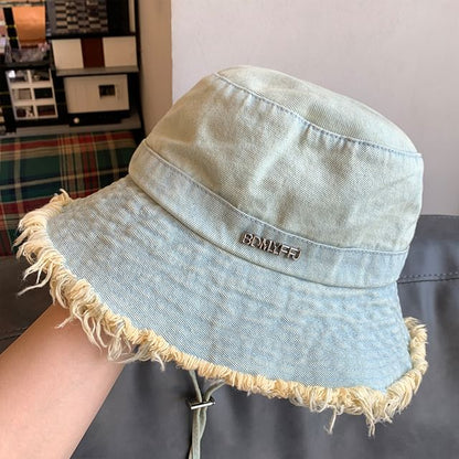 Lettering Fringed Denim Bucket Hat SpreePicky