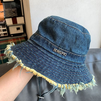 Lettering Fringed Denim Bucket Hat SpreePicky