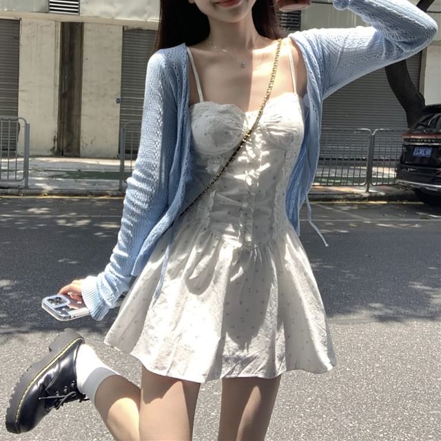 Strap Print Spaghetti A-Line Pointelle Floral Plain Ruffle Cardigan Mini / Dress FashionChic