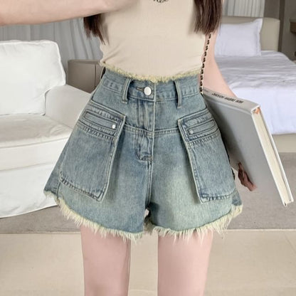 High Waist Washed Fray Mini Denim Shorts SpreePicky