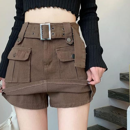 High Waist Plain Belted Mini Denim Cargo Skort SpreePicky