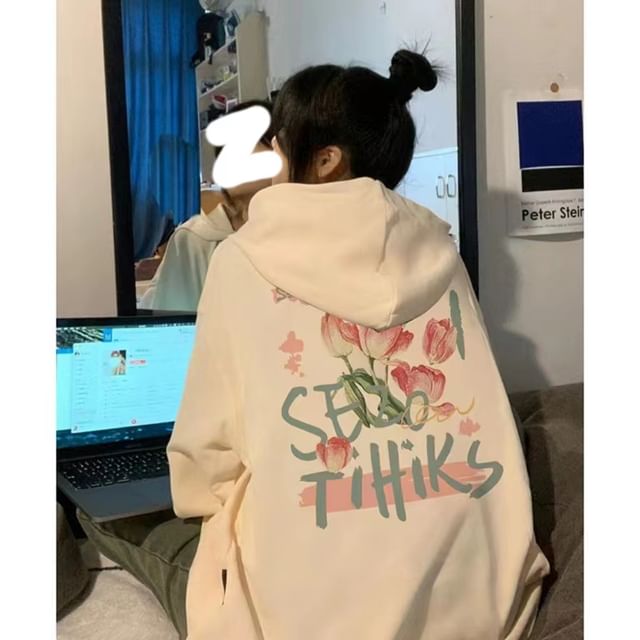 Floral Lettering Print Fleece-Lined Hoodie SpreePicky