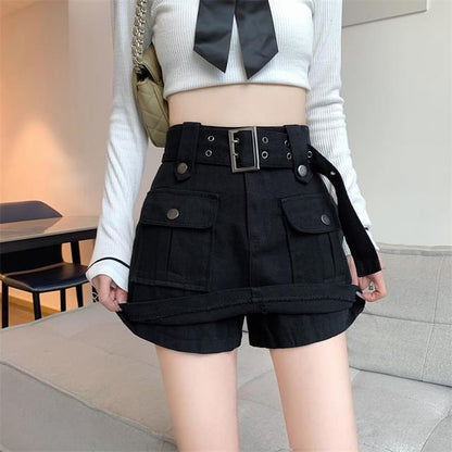 High Waist Plain Belted Mini Denim Cargo Skort SpreePicky