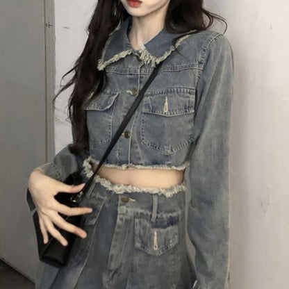 Collared Washed Fray Crop Button Denim Jacket / High Waist Pleated Mini A SpreePicky