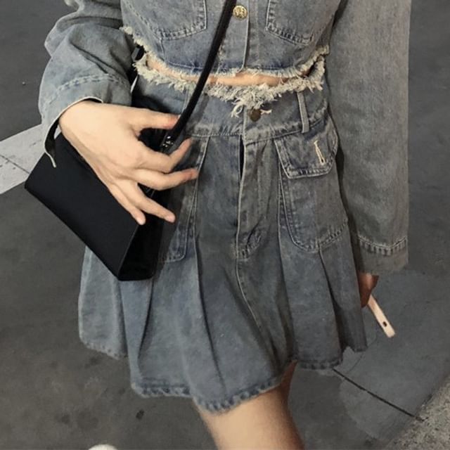 Collared Washed Fray Crop Button Denim Jacket / High Waist Pleated Mini A SpreePicky