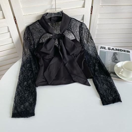 Bow Neck Lace Panel Blouse mySite