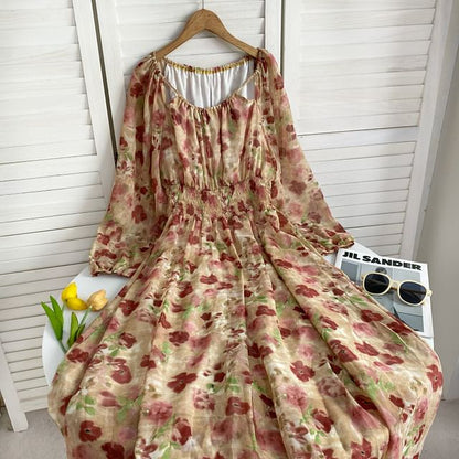 Long-Sleeve Scoop Neck Floral Maxi A-Line Dress mySite