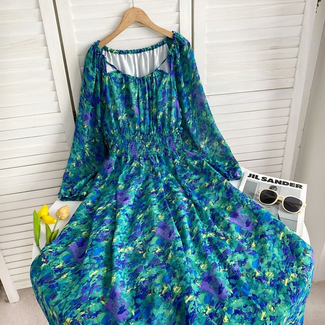 Long-Sleeve Scoop Neck Floral Maxi A-Line Dress mySite