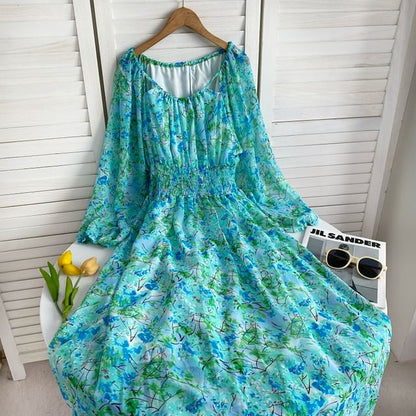 Long-Sleeve Scoop Neck Floral Maxi A-Line Dress mySite