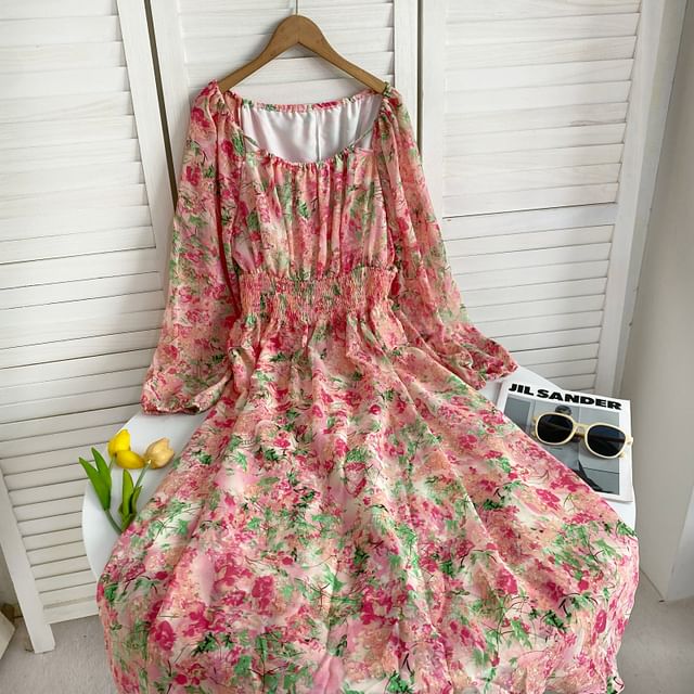 Long-Sleeve Scoop Neck Floral Maxi A-Line Dress mySite