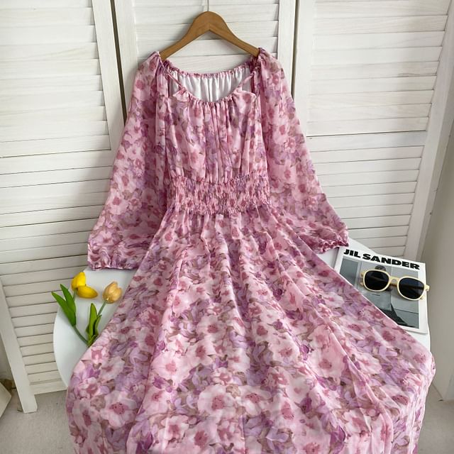 Long-Sleeve Scoop Neck Floral Maxi A-Line Dress mySite