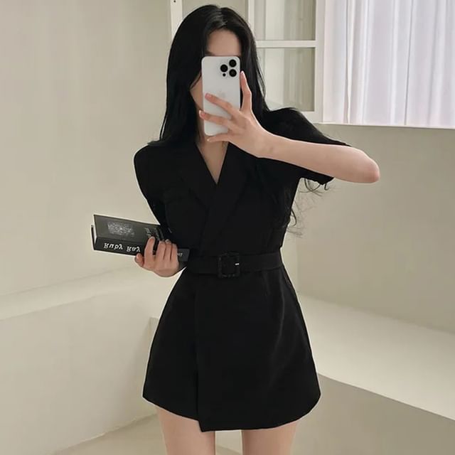 Short-Sleeve Belted Midi Blazer Dress mySite