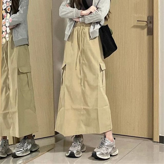 Stand Collar Plain Zip-Up Jacket / High Waist Maxi A-Line Cargo Skirt SpreePicky