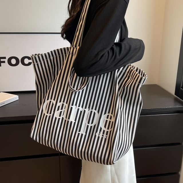 Lettering Print Striped Canvas Tote Bag SpreePicky