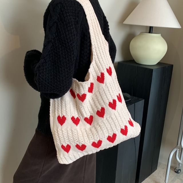 Heart Jacquard Knit Tote Bag SpreePicky