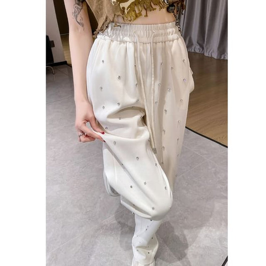 High Waist Rhinestone Wide Leg Pants SpreePicky