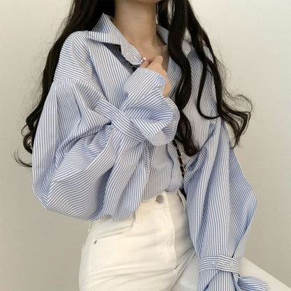 Puff-Sleeve Striped Button-Up Blouse SpreePicky