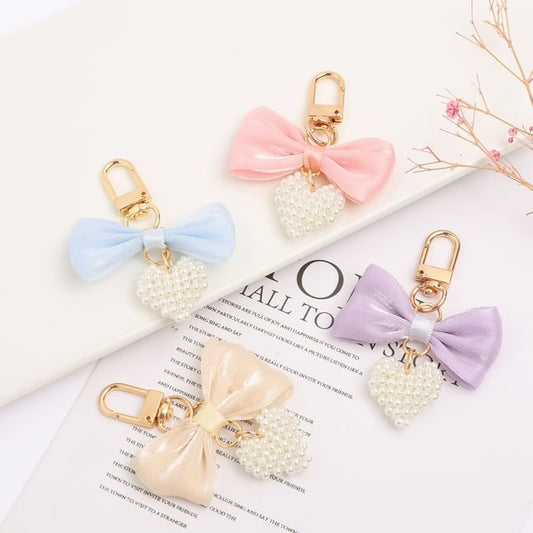 Bow Fabric Heart Faux Pearl Bag Charm Keyring (Various Designs) SpreePicky