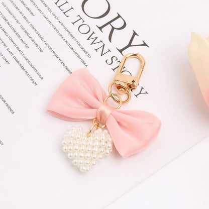 Bow Fabric Heart Faux Pearl Bag Charm Keyring (Various Designs) SpreePicky