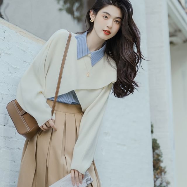 Long-Sleeve Plain Crop Top / Striped Shirt / High Waist Maxi A-Line Pleated Skirt / Set SpreePicky