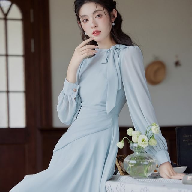 Long-Sleeve Tie Neck Plain Maxi A-Line Dress SpreePicky