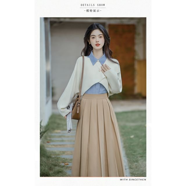 Long-Sleeve Plain Crop Top / Striped Shirt / High Waist Maxi A-Line Pleated Skirt / Set SpreePicky