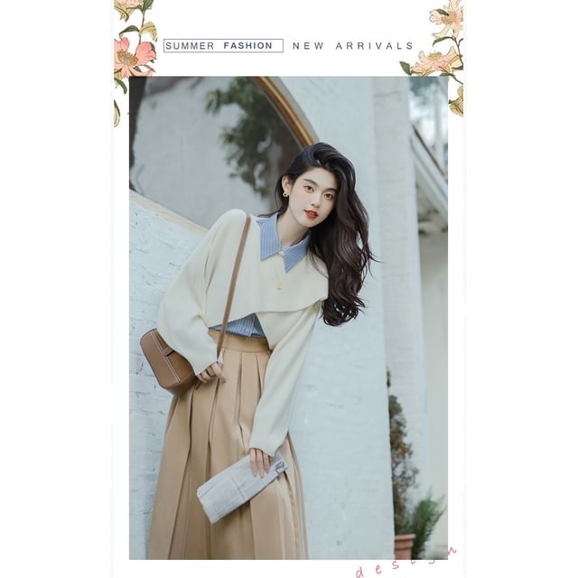 Long-Sleeve Plain Crop Top / Striped Shirt / High Waist Maxi A-Line Pleated Skirt / Set SpreePicky