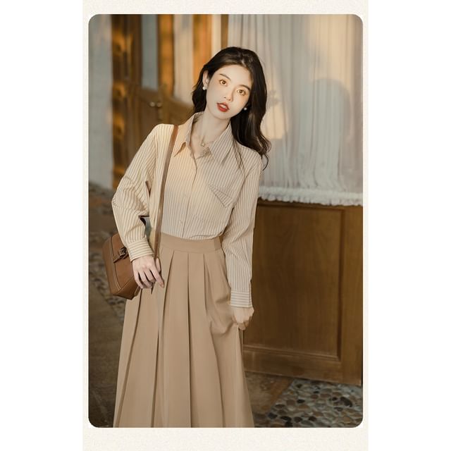 Long-Sleeve Plain Crop Top / Striped Shirt / High Waist Maxi A-Line Pleated Skirt / Set SpreePicky