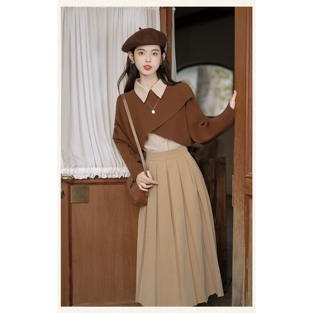 Long-Sleeve Plain Crop Top / Striped Shirt / High Waist Maxi A-Line Pleated Skirt / Set SpreePicky