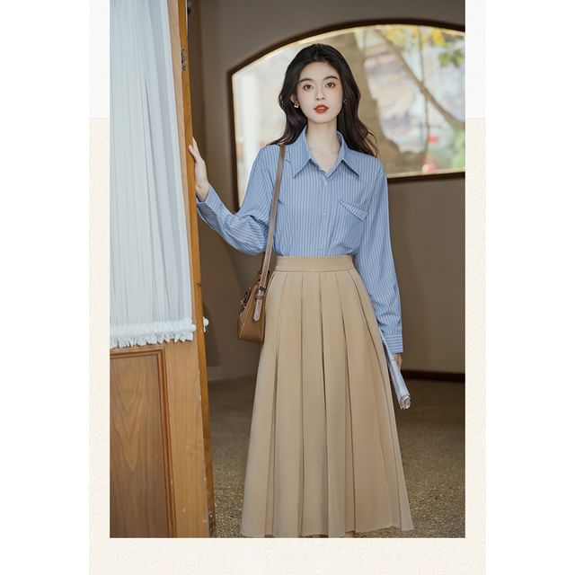 Long-Sleeve Plain Crop Top / Striped Shirt / High Waist Maxi A-Line Pleated Skirt / Set SpreePicky