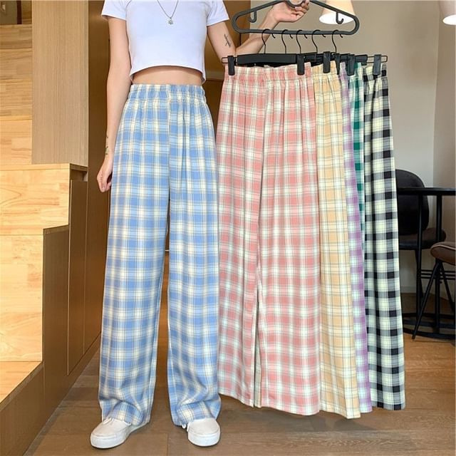 Leg Plaid Waist Pants Wide Elastic FashionChic